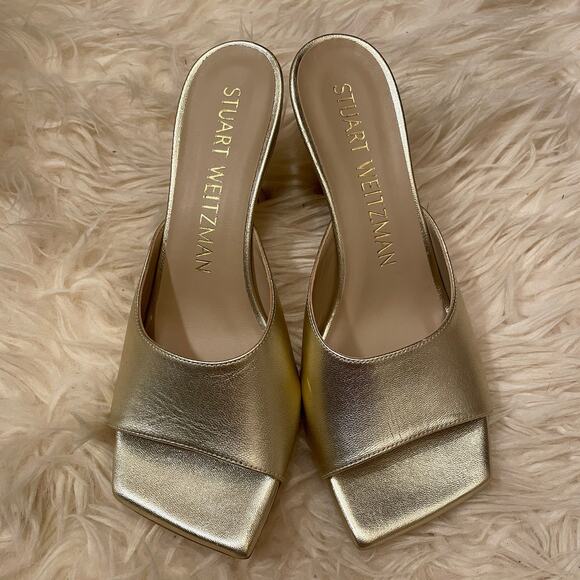 Stuart Weitzman 7.5 Gold Tia Slide Sandals | Calfskin Leather Heels Spain $395 - Picture 5 of 9